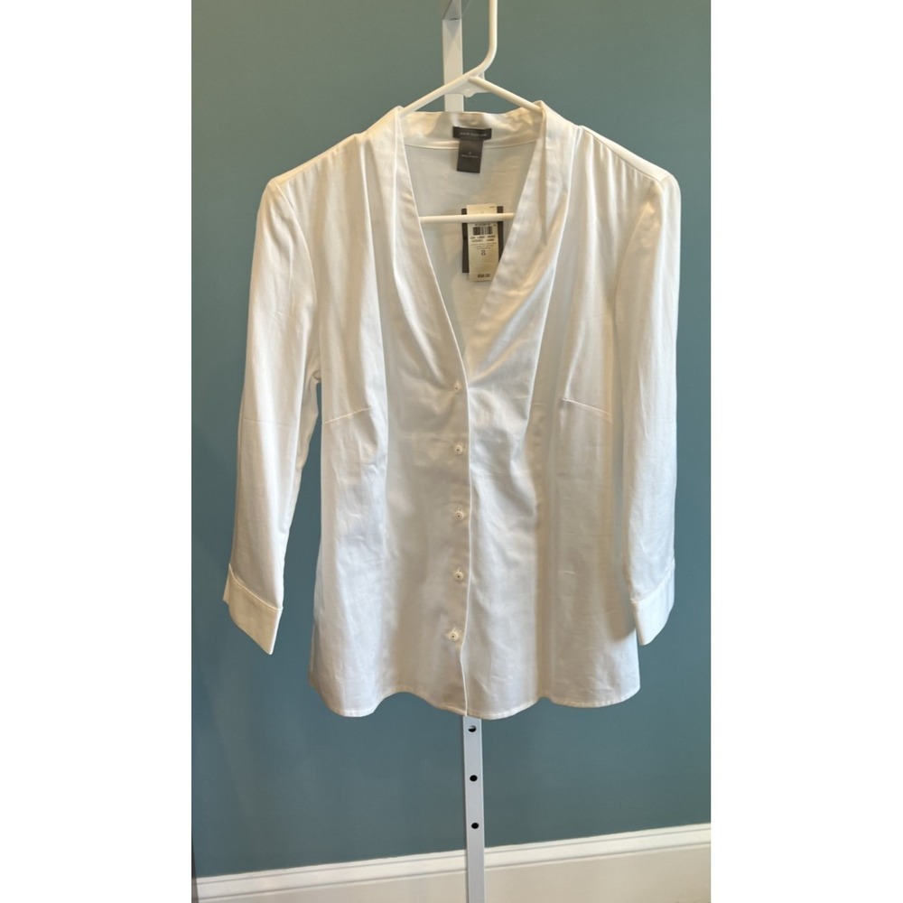 Ann Taylor Women's blouse Size 8 white v-neck long sleeves darted classic NWT